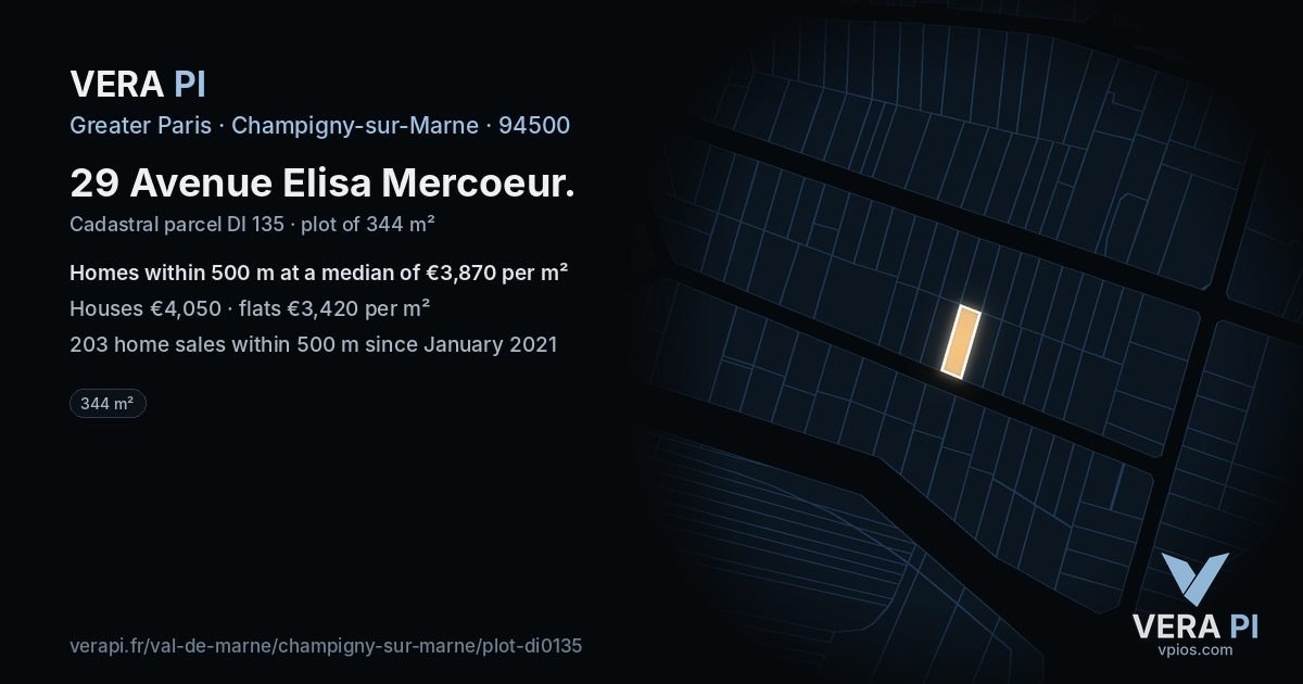 29 Avenue Elisa Mercoeur, Champigny-sur-Marne at night – the plot lit, the parcels around coloured by the prices near them