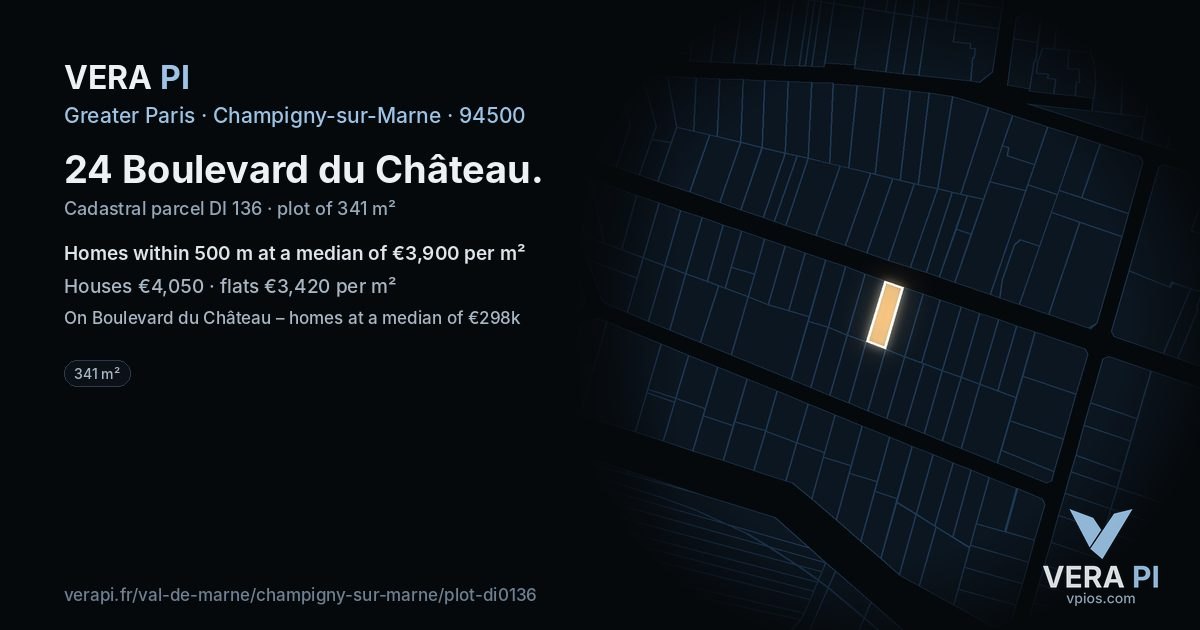 24 Boulevard du Château, Champigny-sur-Marne at night – the plot lit, the parcels around coloured by the prices near them