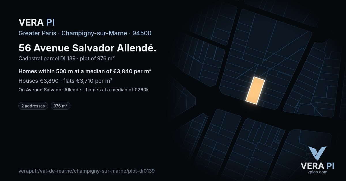 56 Avenue Salvador Allendé, Champigny-sur-Marne at night – the plot lit, the parcels around coloured by the prices near them