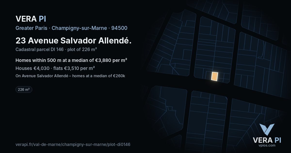 23 Avenue Salvador Allendé, Champigny-sur-Marne at night – the plot lit, the parcels around coloured by the prices near them