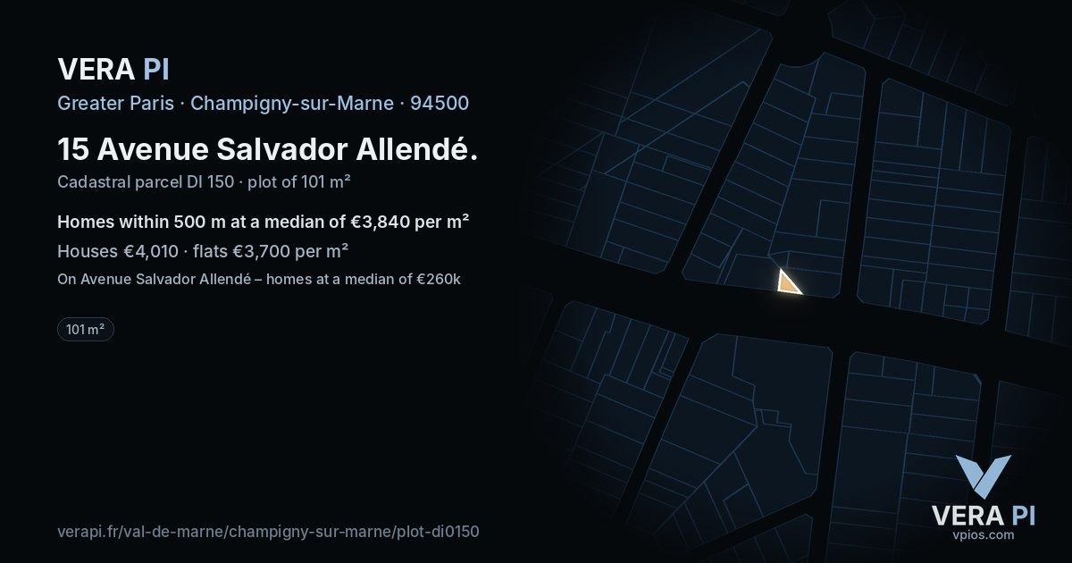 15 Avenue Salvador Allendé, Champigny-sur-Marne at night – the plot lit, the parcels around coloured by the prices near them