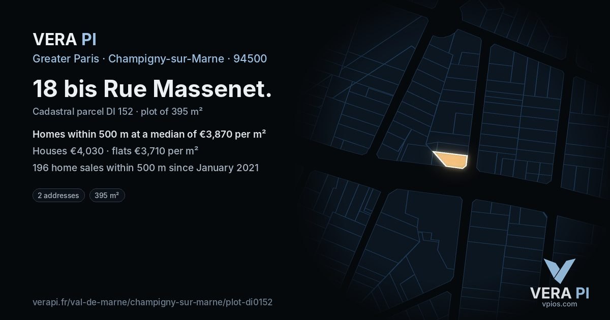 18 bis Rue Massenet, Champigny-sur-Marne at night – the plot lit, the parcels around coloured by the prices near them