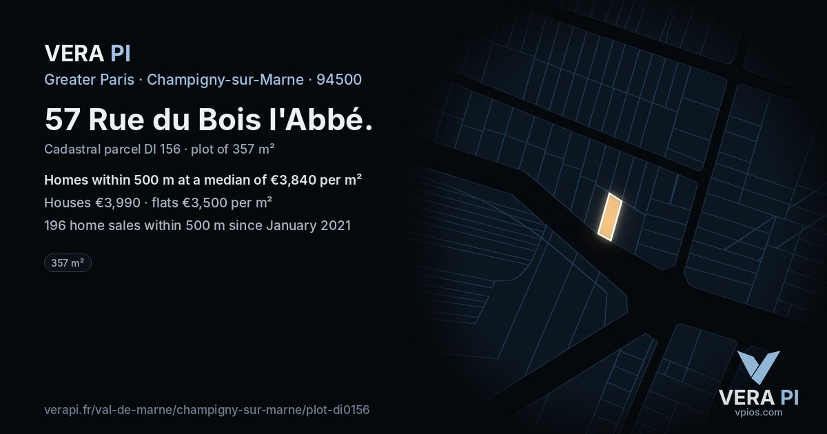 57 Rue du Bois l'Abbé, Champigny-sur-Marne at night – the plot lit, the parcels around coloured by the prices near them