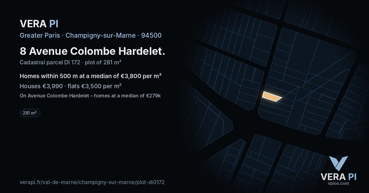 8 Avenue Colombe Hardelet, Champigny-sur-Marne at night – the plot lit, the parcels around coloured by the prices near them