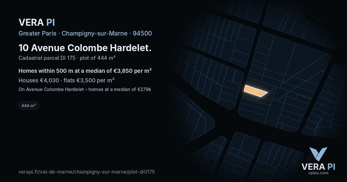 10 Avenue Colombe Hardelet, Champigny-sur-Marne at night – the plot lit, the parcels around coloured by the prices near them
