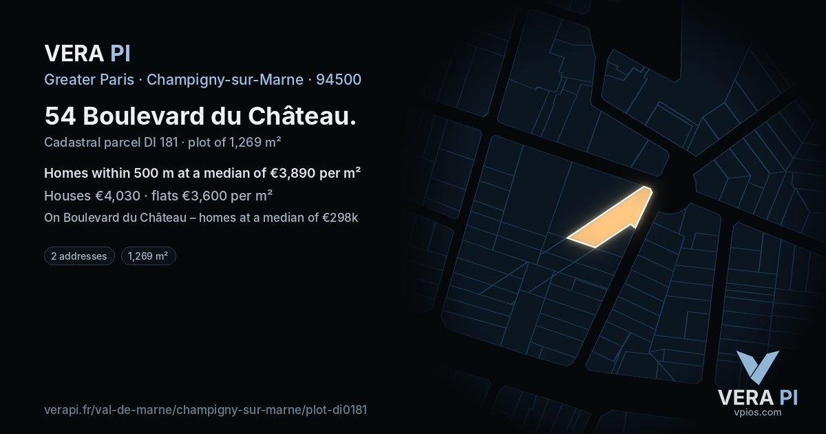 54 Boulevard du Château, Champigny-sur-Marne at night – the plot lit, the parcels around coloured by the prices near them