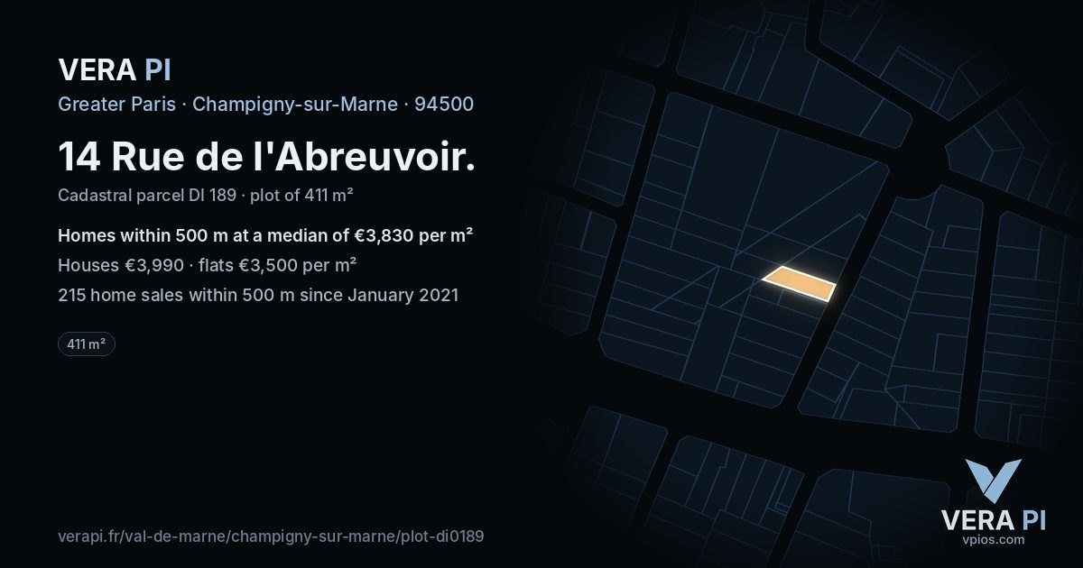 14 Rue de l'Abreuvoir, Champigny-sur-Marne at night – the plot lit, the parcels around coloured by the prices near them