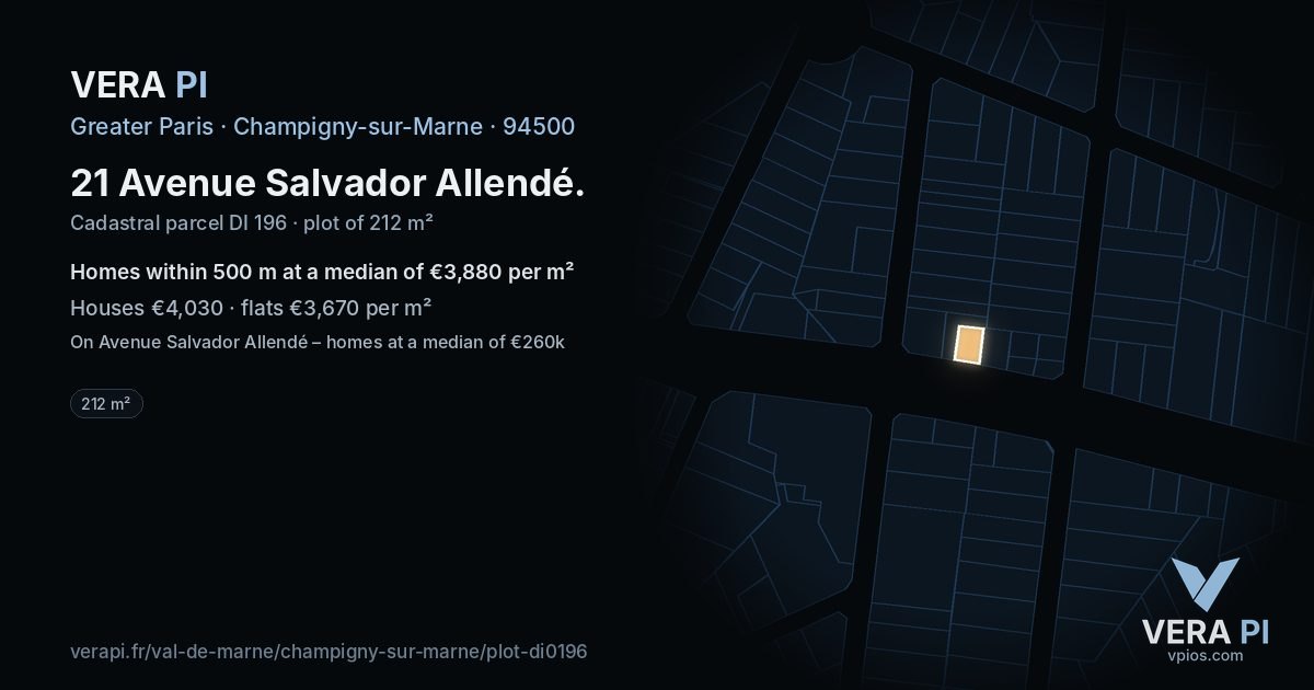 21 Avenue Salvador Allendé, Champigny-sur-Marne at night – the plot lit, the parcels around coloured by the prices near them