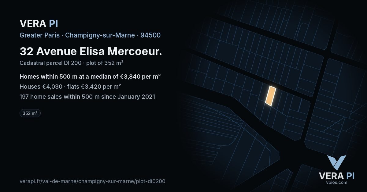 32 Avenue Elisa Mercoeur, Champigny-sur-Marne at night – the plot lit, the parcels around coloured by the prices near them