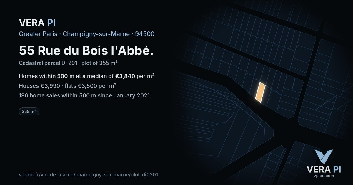 55 Rue du Bois l'Abbé, Champigny-sur-Marne at night – the plot lit, the parcels around coloured by the prices near them