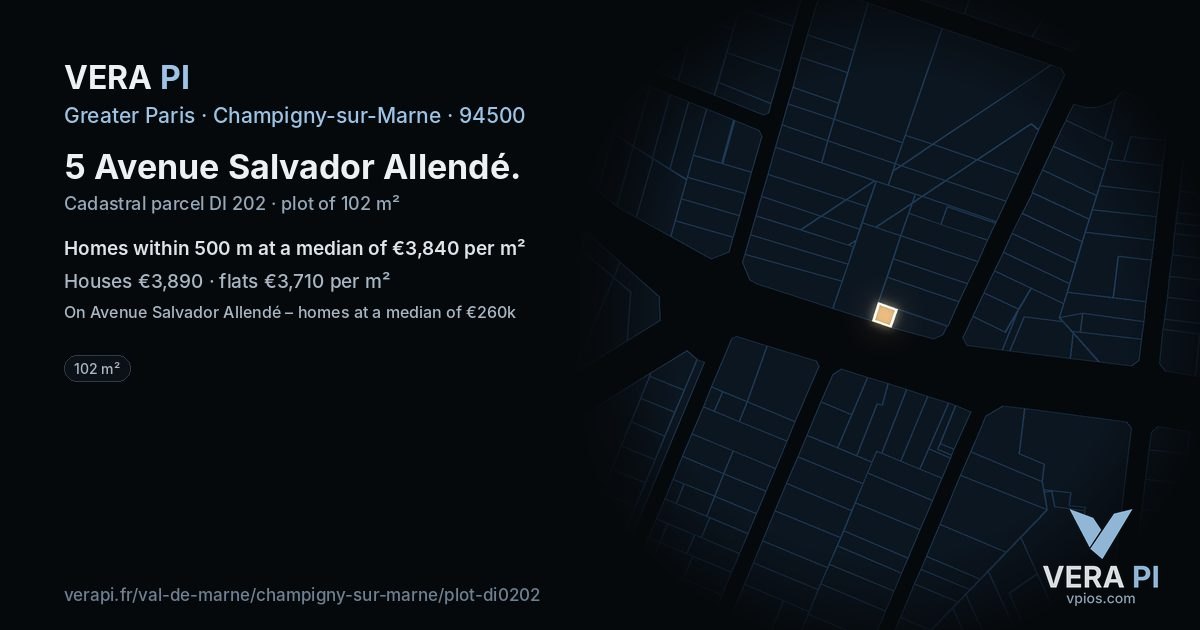 5 Avenue Salvador Allendé, Champigny-sur-Marne at night – the plot lit, the parcels around coloured by the prices near them