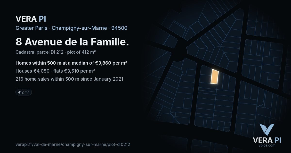 8 Avenue de la Famille, Champigny-sur-Marne at night – the plot lit, the parcels around coloured by the prices near them