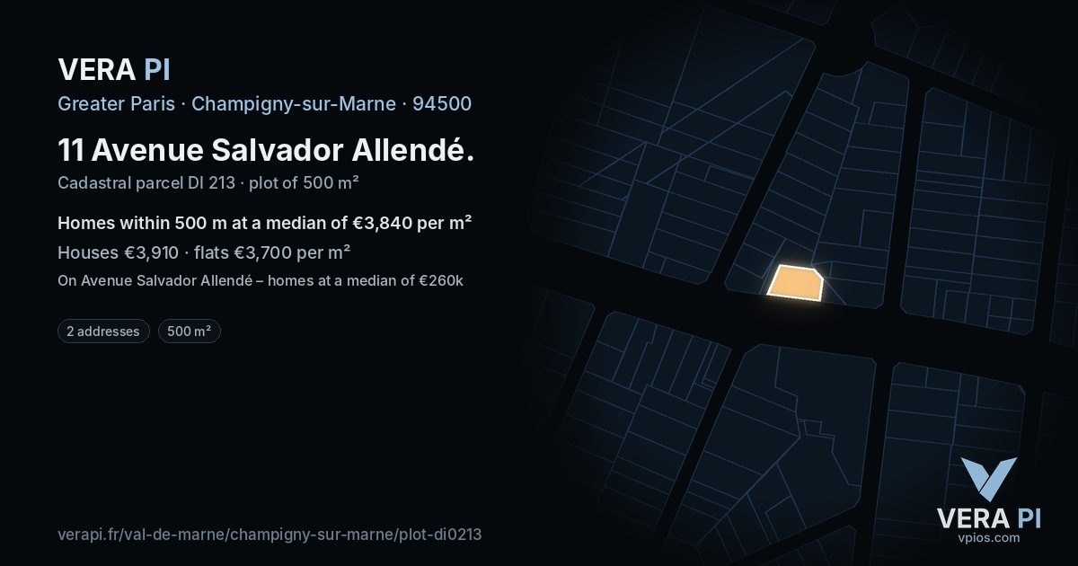 11 Avenue Salvador Allendé, Champigny-sur-Marne at night – the plot lit, the parcels around coloured by the prices near them