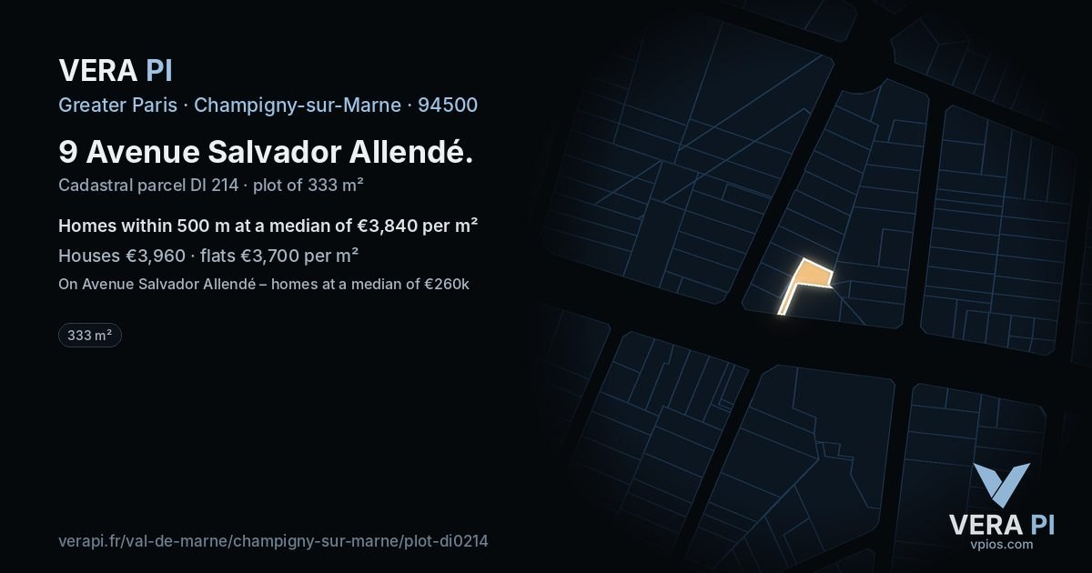 9 Avenue Salvador Allendé, Champigny-sur-Marne at night – the plot lit, the parcels around coloured by the prices near them