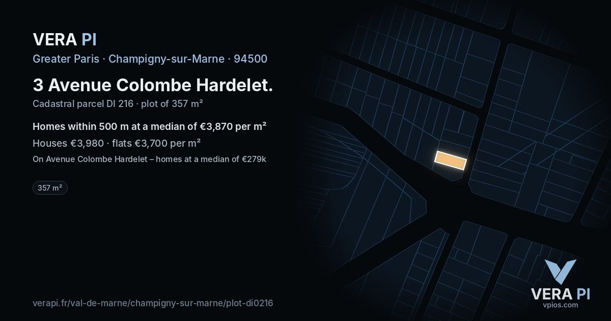 3 Avenue Colombe Hardelet, Champigny-sur-Marne at night – the plot lit, the parcels around coloured by the prices near them