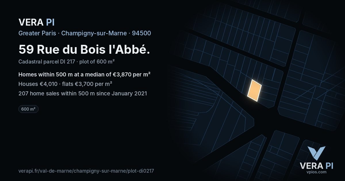 59 Rue du Bois l'Abbé, Champigny-sur-Marne at night – the plot lit, the parcels around coloured by the prices near them