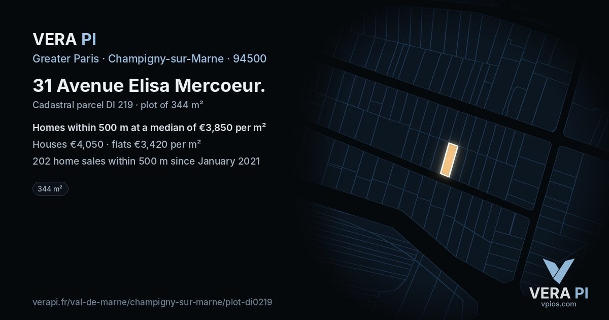 31 Avenue Elisa Mercoeur, Champigny-sur-Marne at night – the plot lit, the parcels around coloured by the prices near them