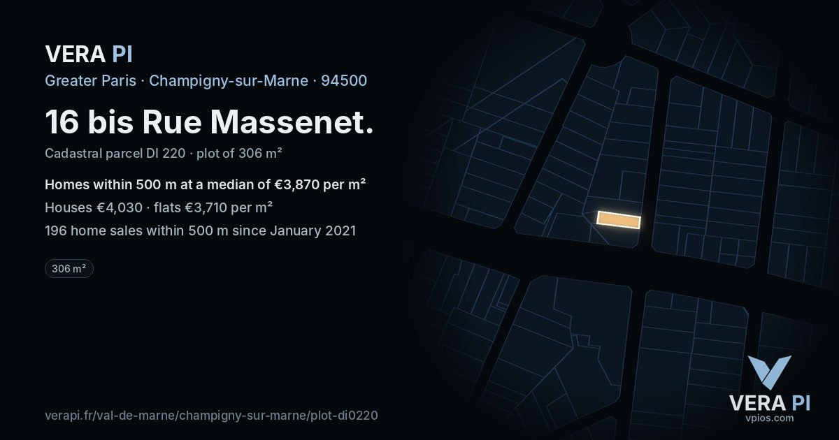 16 bis Rue Massenet, Champigny-sur-Marne at night – the plot lit, the parcels around coloured by the prices near them