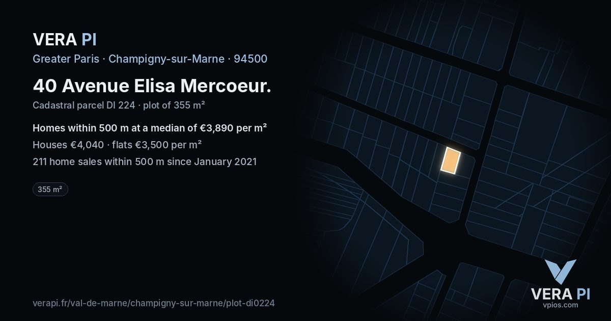 40 Avenue Elisa Mercoeur, Champigny-sur-Marne at night – the plot lit, the parcels around coloured by the prices near them