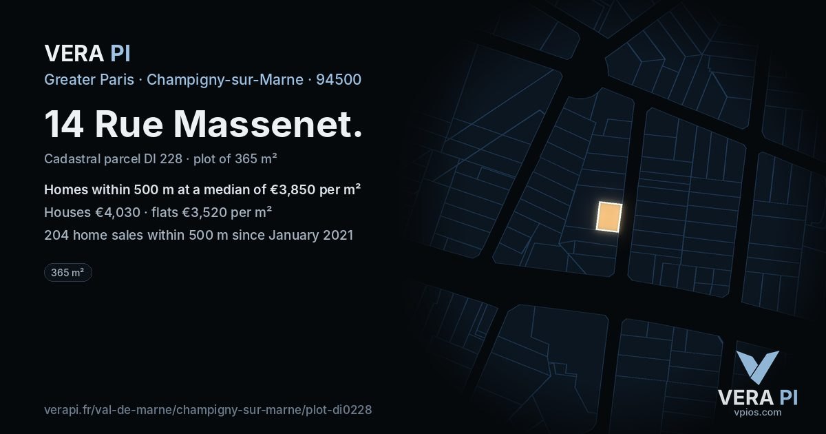 14 Rue Massenet, Champigny-sur-Marne at night – the plot lit, the parcels around coloured by the prices near them
