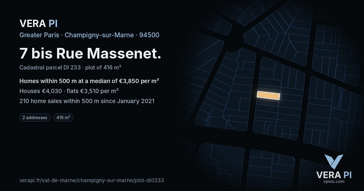 7 bis Rue Massenet, Champigny-sur-Marne at night – the plot lit, the parcels around coloured by the prices near them