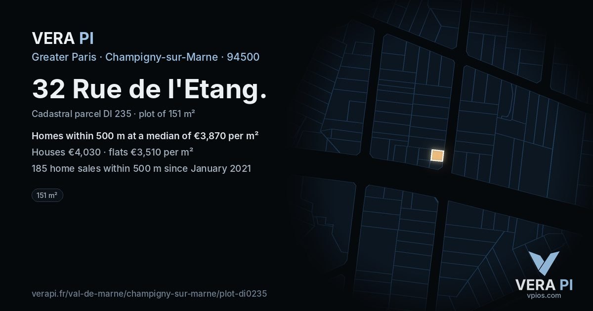 32 Rue de l'Etang, Champigny-sur-Marne at night – the plot lit, the parcels around coloured by the prices near them