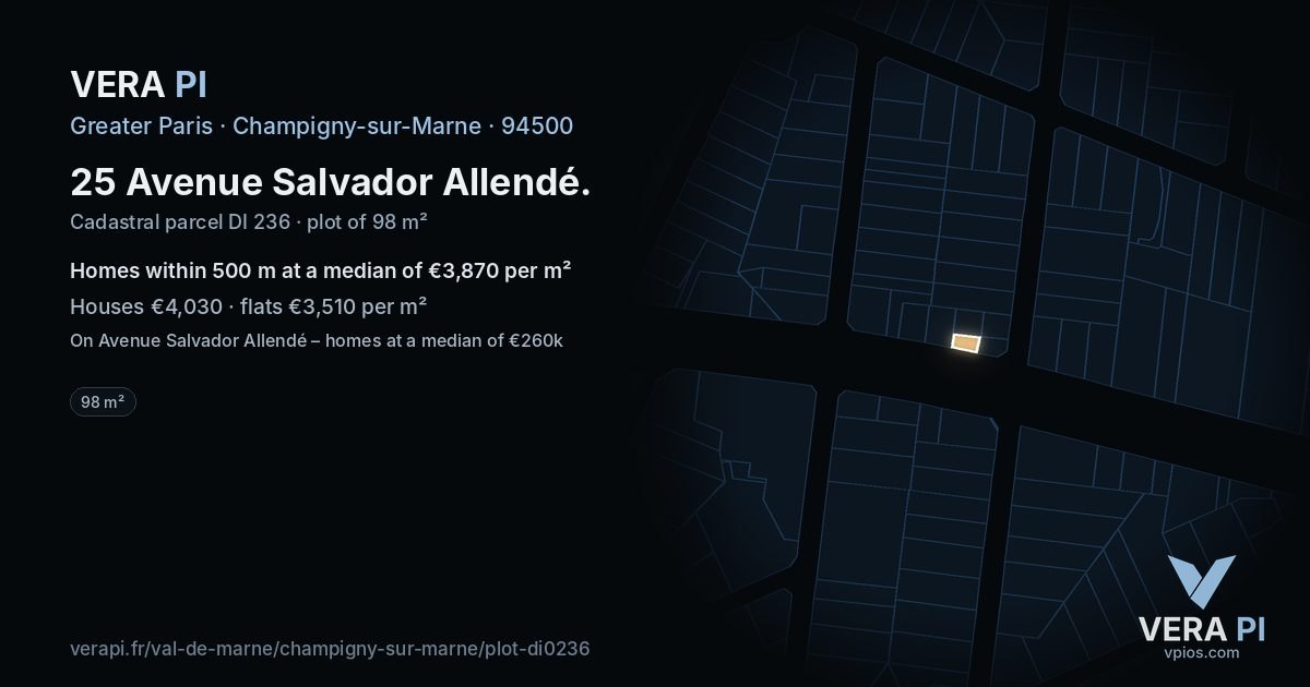 25 Avenue Salvador Allendé, Champigny-sur-Marne at night – the plot lit, the parcels around coloured by the prices near them