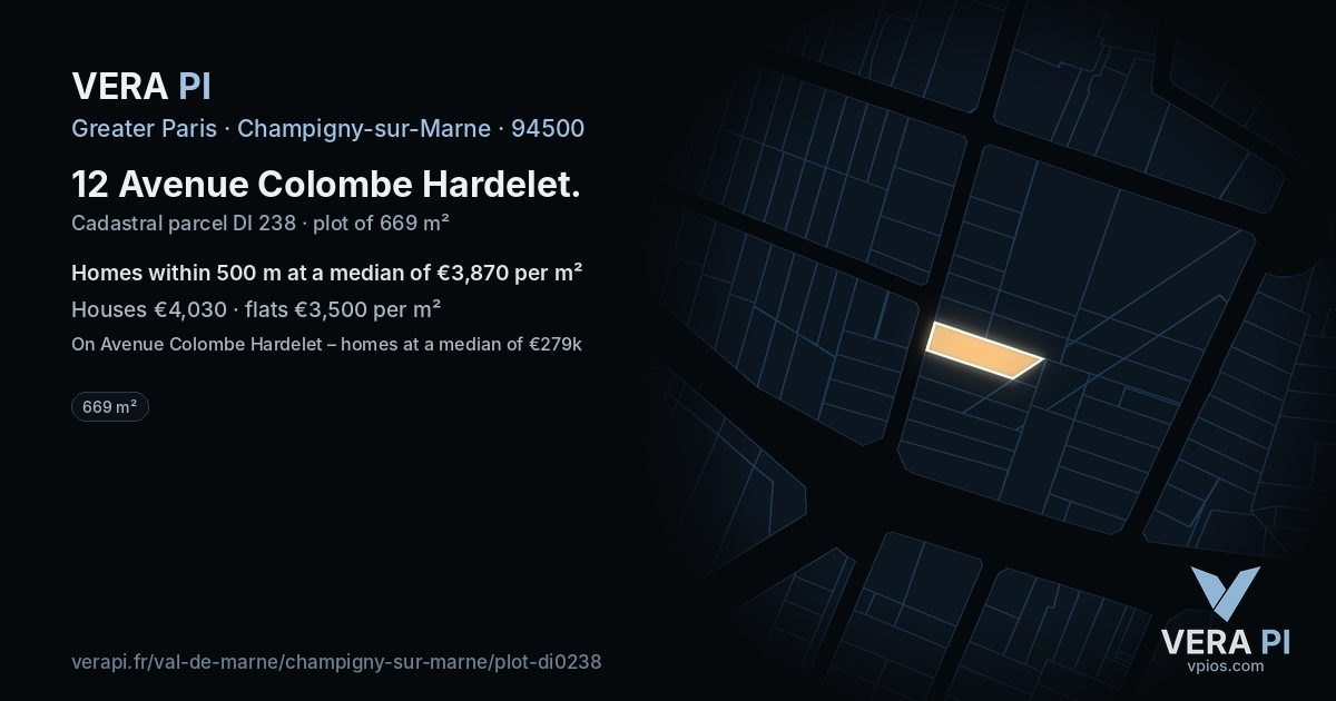 12 Avenue Colombe Hardelet, Champigny-sur-Marne at night – the plot lit, the parcels around coloured by the prices near them