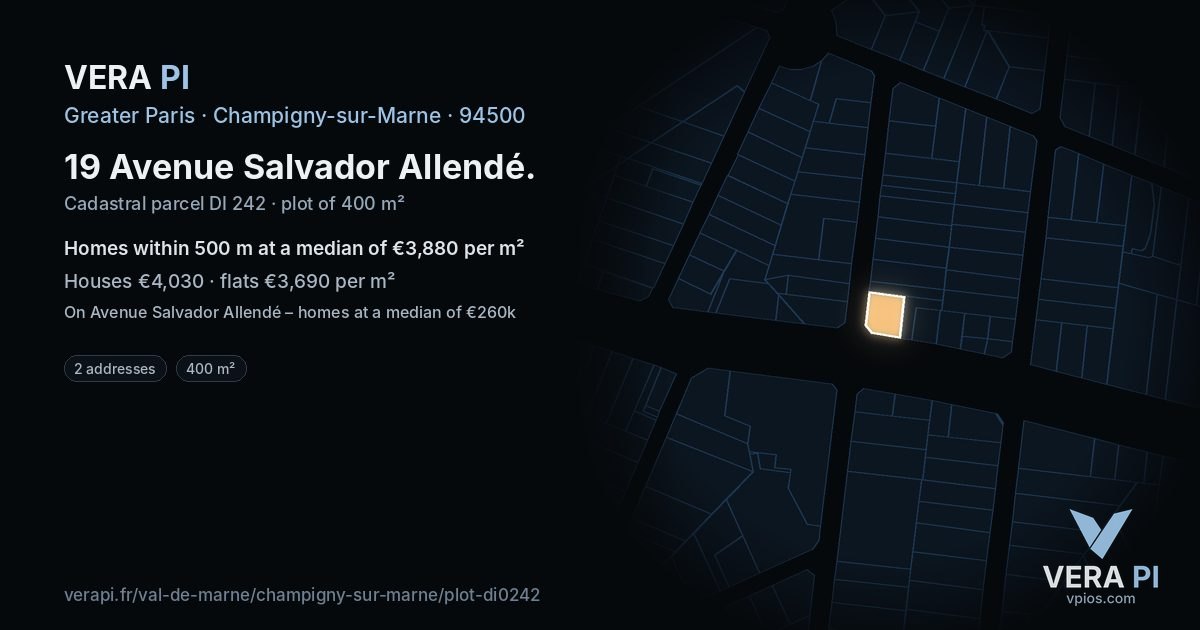 19 Avenue Salvador Allendé, Champigny-sur-Marne at night – the plot lit, the parcels around coloured by the prices near them