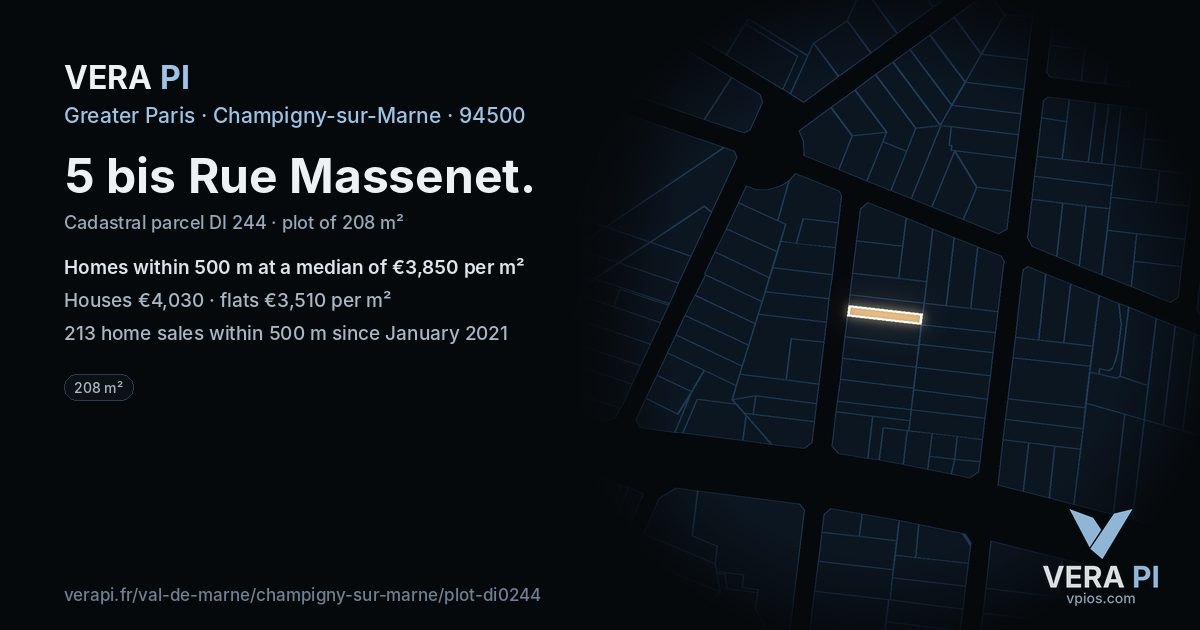 5 bis Rue Massenet, Champigny-sur-Marne at night – the plot lit, the parcels around coloured by the prices near them