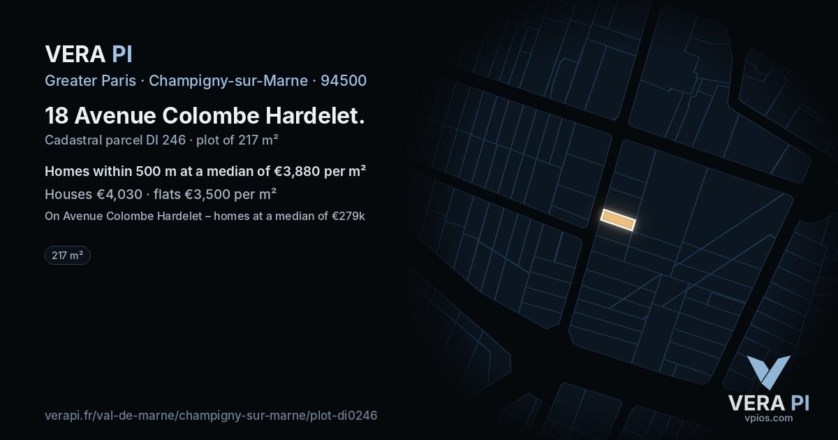 18 Avenue Colombe Hardelet, Champigny-sur-Marne at night – the plot lit, the parcels around coloured by the prices near them