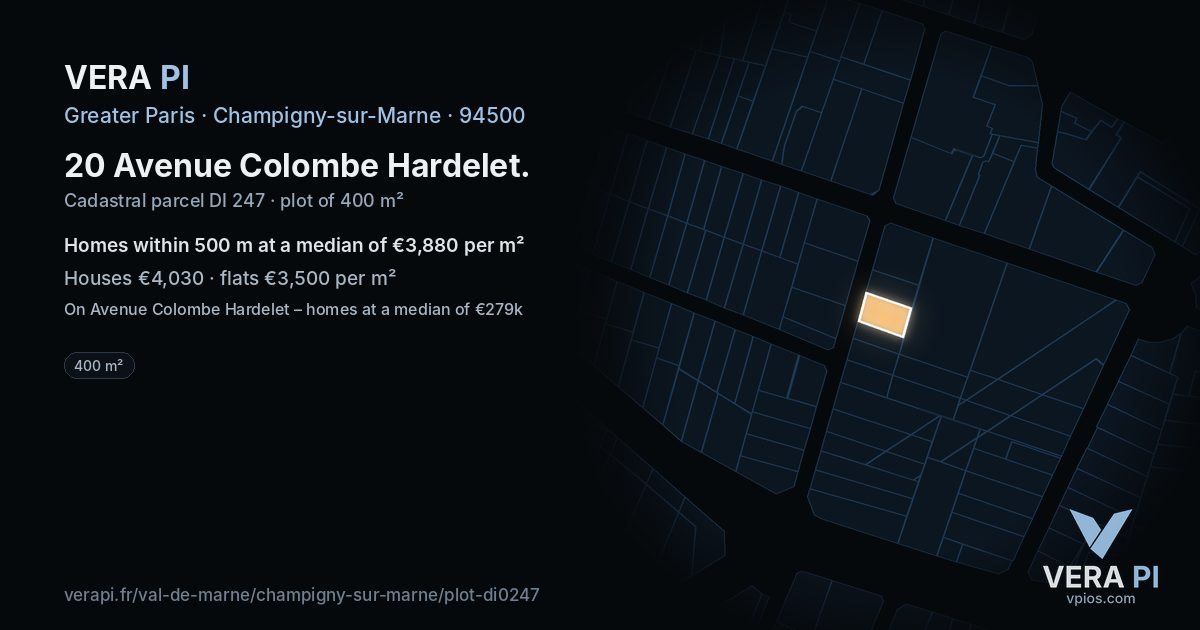 20 Avenue Colombe Hardelet, Champigny-sur-Marne at night – the plot lit, the parcels around coloured by the prices near them