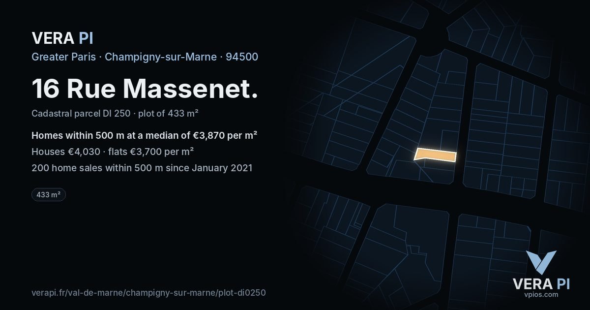 16 Rue Massenet, Champigny-sur-Marne at night – the plot lit, the parcels around coloured by the prices near them