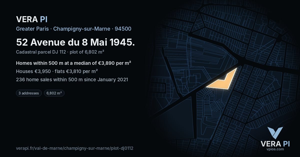 52 Avenue du 8 Mai 1945, Champigny-sur-Marne at night – the plot lit, the parcels around coloured by the prices near them