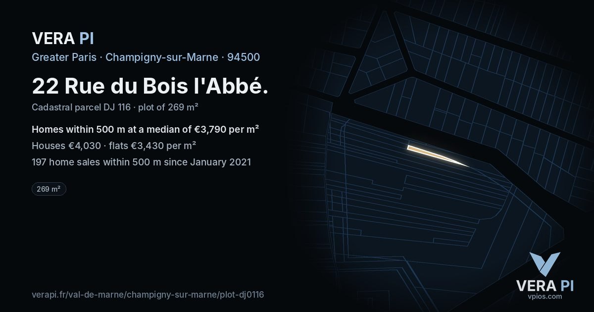 22 Rue du Bois l'Abbé, Champigny-sur-Marne at night – the plot lit, the parcels around coloured by the prices near them