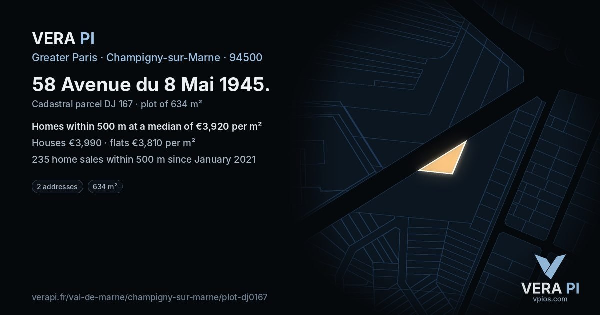 58 Avenue du 8 Mai 1945, Champigny-sur-Marne at night – the plot lit, the parcels around coloured by the prices near them