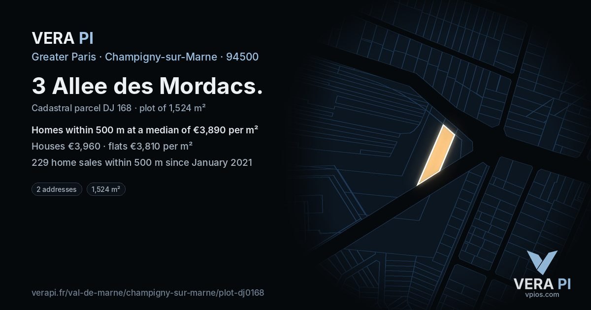 3 Allee des Mordacs, Champigny-sur-Marne at night – the plot lit, the parcels around coloured by the prices near them