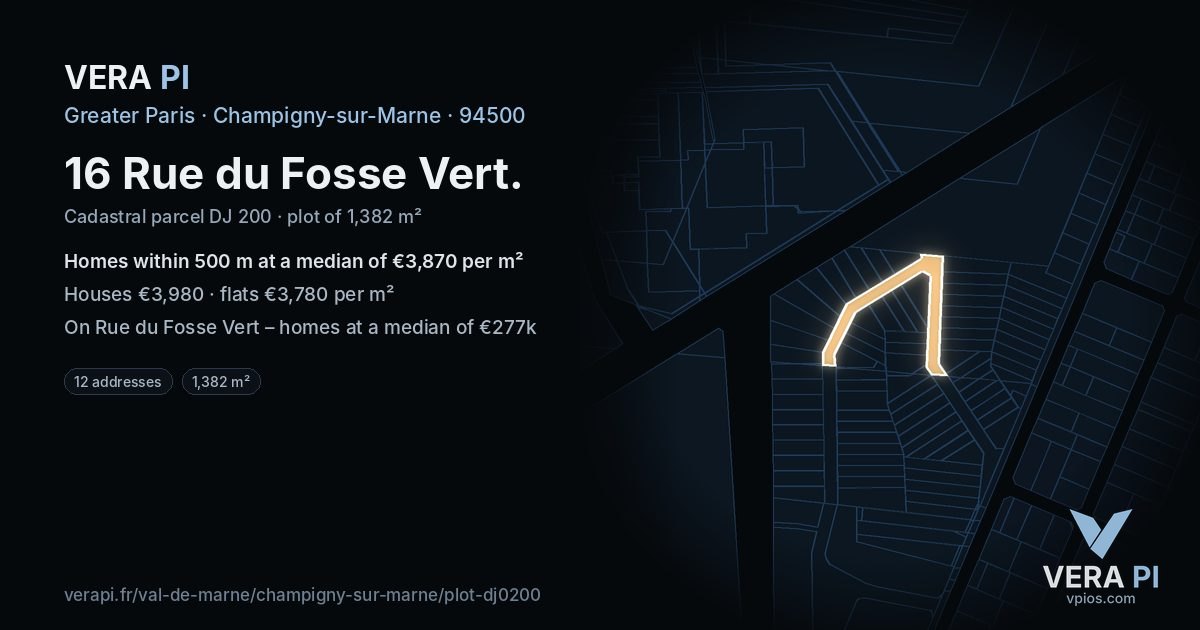 16 Rue du Fosse Vert, Champigny-sur-Marne at night – the plot lit, the parcels around coloured by the prices near them