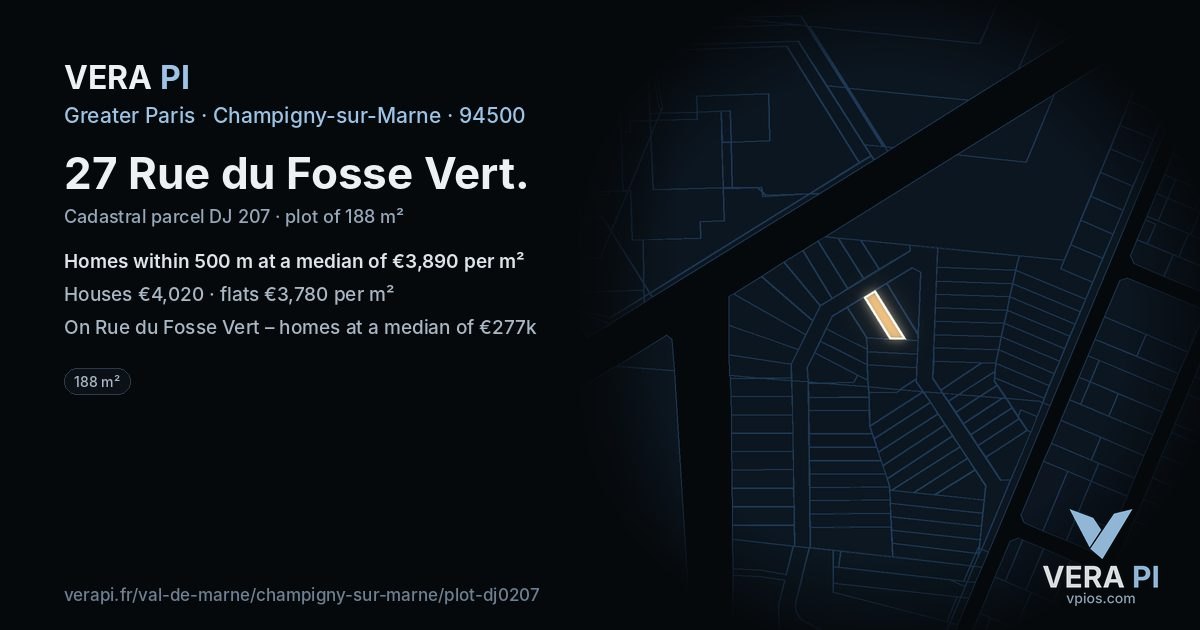 27 Rue du Fosse Vert, Champigny-sur-Marne at night – the plot lit, the parcels around coloured by the prices near them