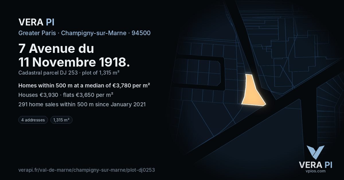 7 Avenue du 11 Novembre 1918, Champigny-sur-Marne at night – the plot lit, the parcels around coloured by the prices near them