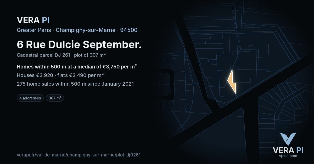 6 Rue Dulcie September, Champigny-sur-Marne at night – the plot lit, the parcels around coloured by the prices near them