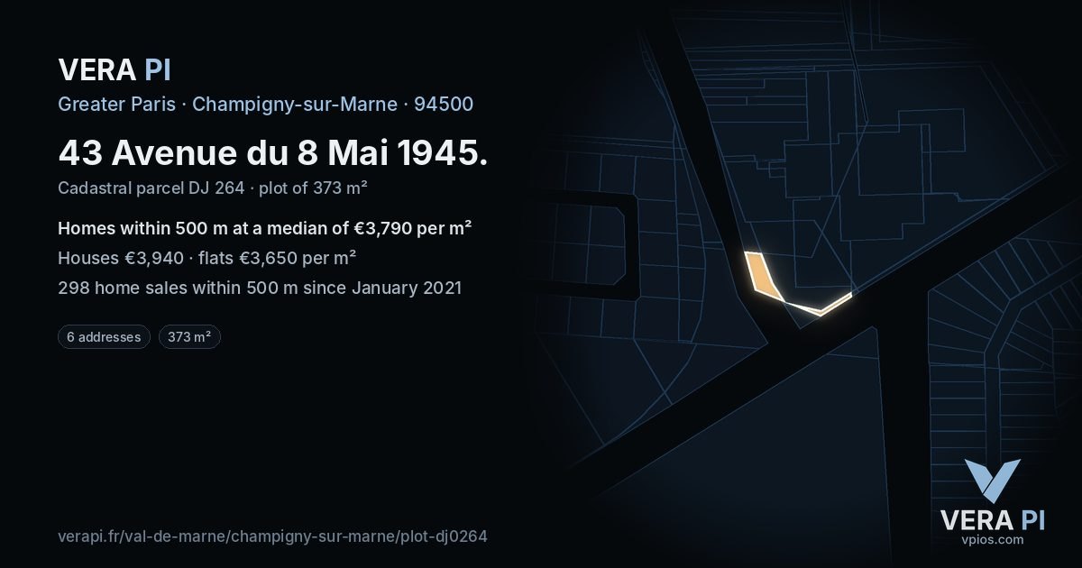 43 Avenue du 8 Mai 1945, Champigny-sur-Marne at night – the plot lit, the parcels around coloured by the prices near them