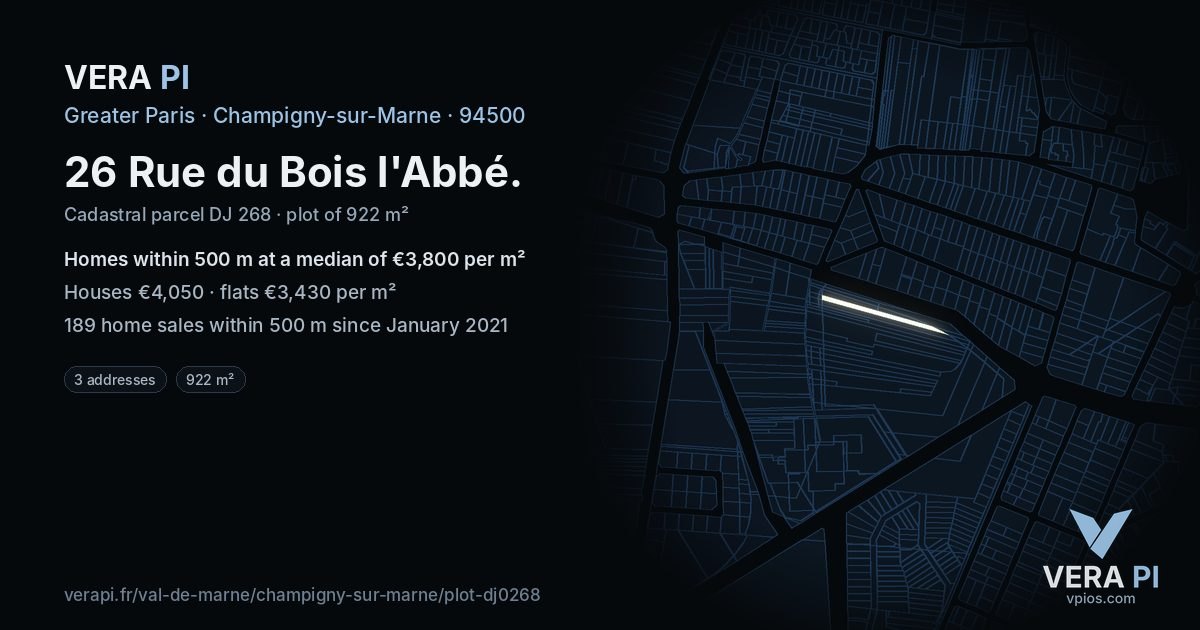 26 Rue du Bois l'Abbé, Champigny-sur-Marne at night – the plot lit, the parcels around coloured by the prices near them