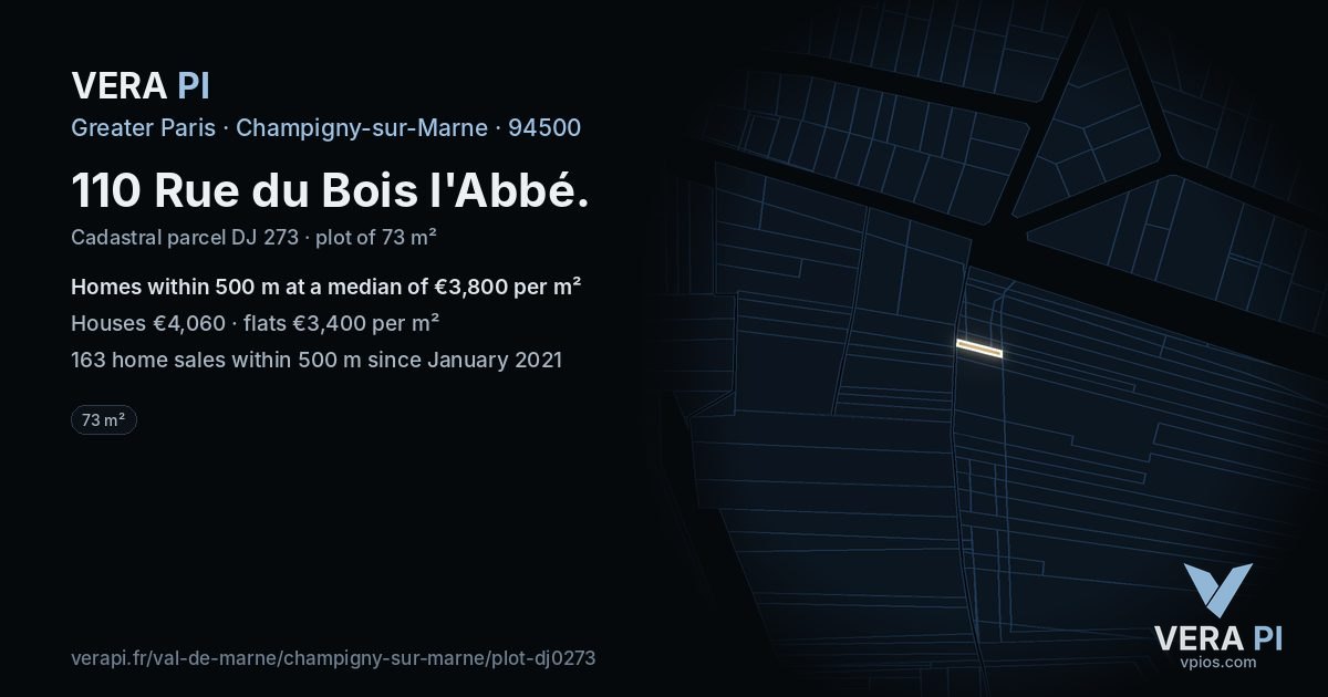 110 Rue du Bois l'Abbé, Champigny-sur-Marne at night – the plot lit, the parcels around coloured by the prices near them