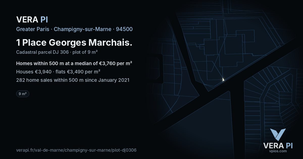 1 Place Georges Marchais, Champigny-sur-Marne at night – the plot lit, the parcels around coloured by the prices near them