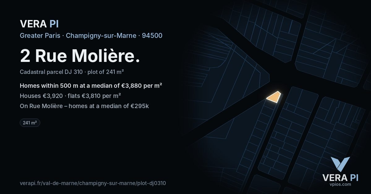 2 Rue Molière, Champigny-sur-Marne at night – the plot lit, the parcels around coloured by the prices near them