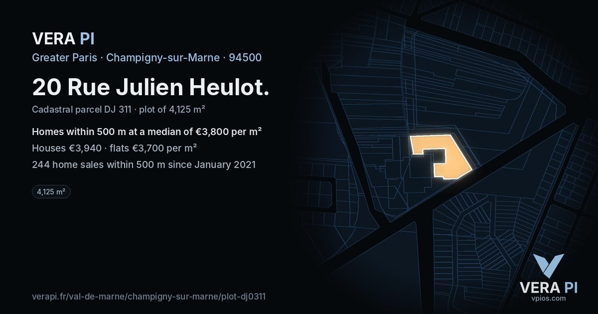 20 Rue Julien Heulot, Champigny-sur-Marne at night – the plot lit, the parcels around coloured by the prices near them