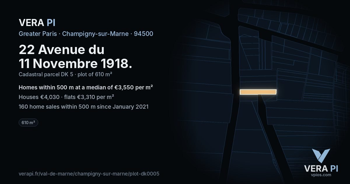 22 Avenue du 11 Novembre 1918, Champigny-sur-Marne at night – the plot lit, the parcels around coloured by the prices near them