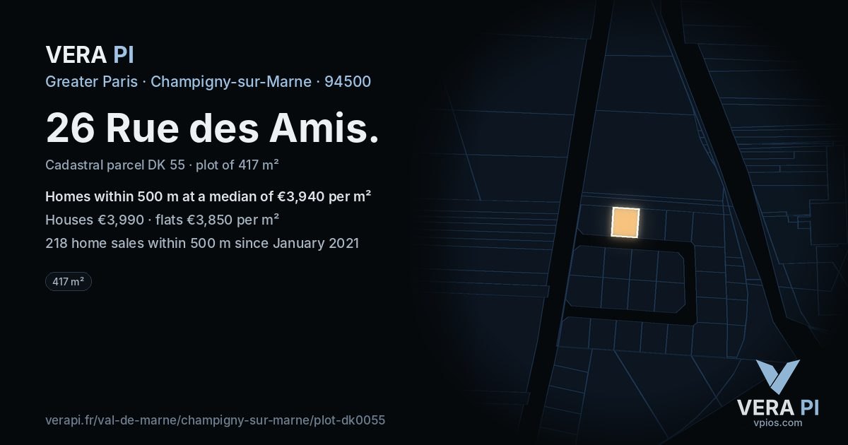 26 Rue des Amis, Champigny-sur-Marne at night – the plot lit, the parcels around coloured by the prices near them
