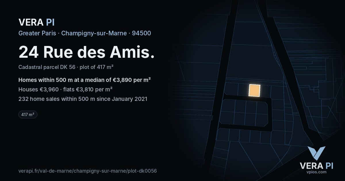 24 Rue des Amis, Champigny-sur-Marne at night – the plot lit, the parcels around coloured by the prices near them